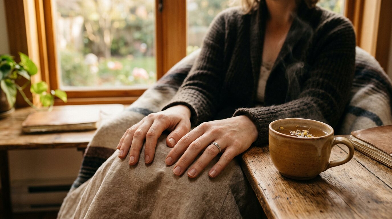 Mains ouvertes et détendues posées près d’une tasse chaude, lumière douce d’une fenêtre, ambiance apaisée