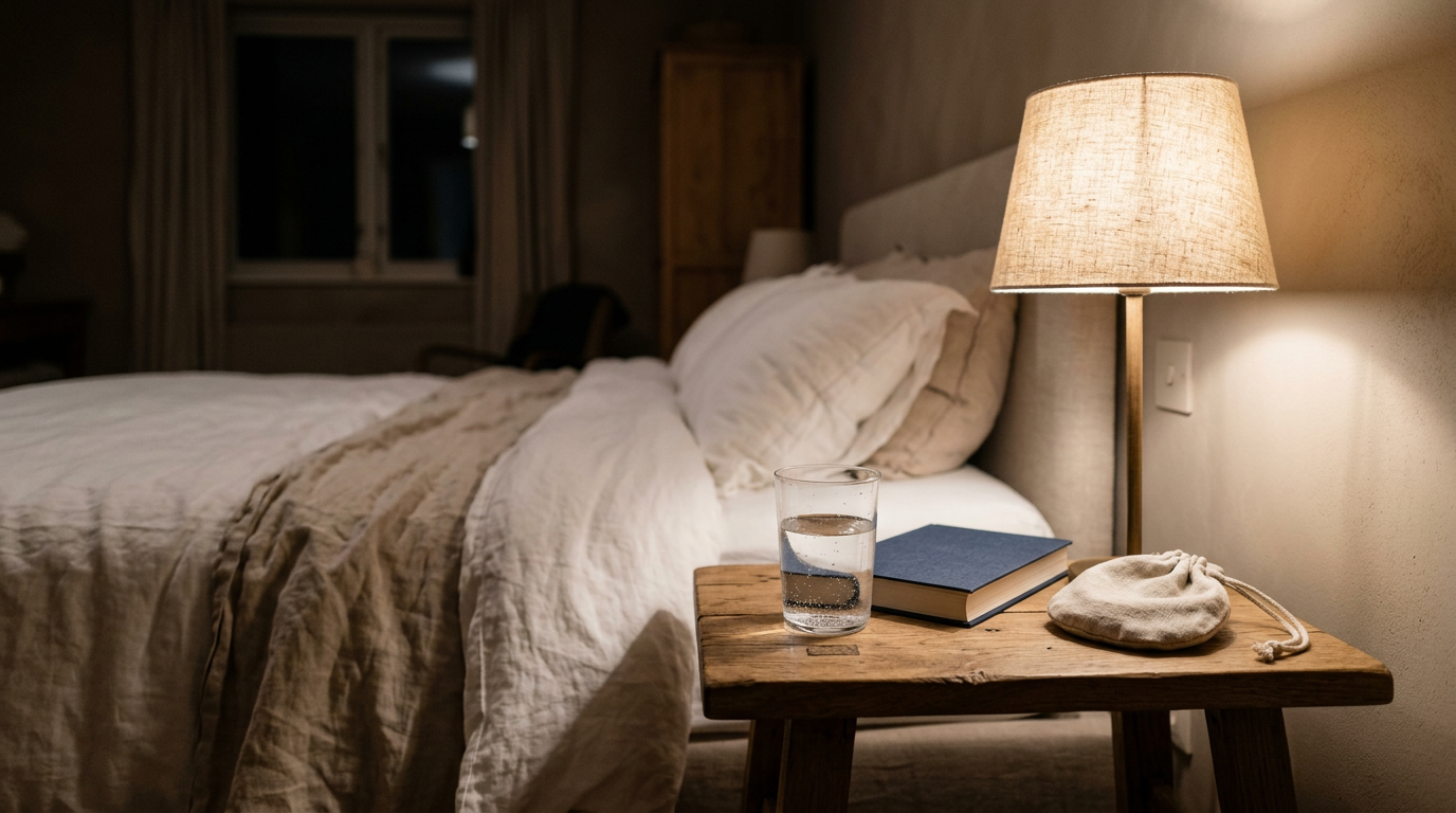 Table de chevet en bois dans une chambre le soir, avec une lampe allumée, un verre d’eau, un livre fermé et une petite pochette en tissu