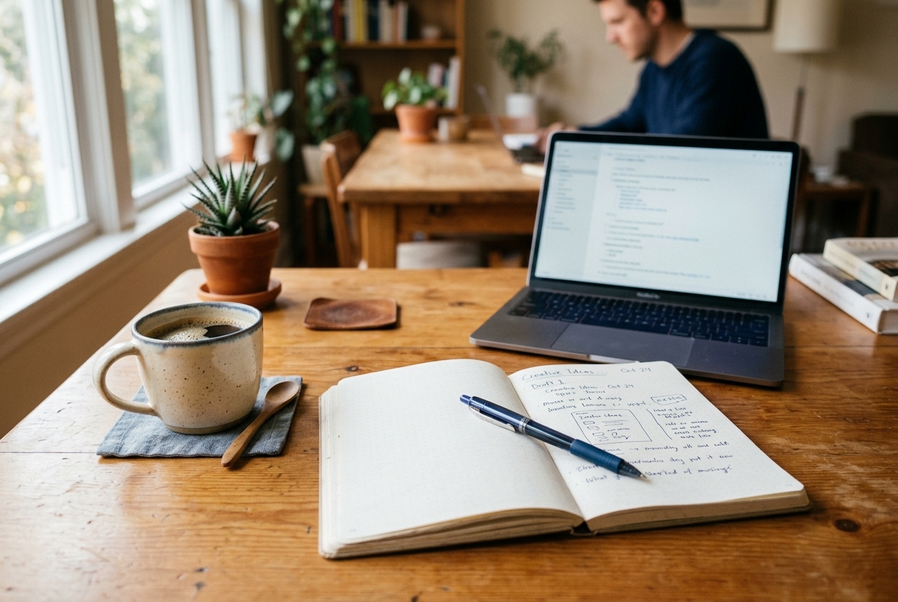 Un carnet ouvert, un stylo et un café sur un bureau en bois près d’une fenêtre