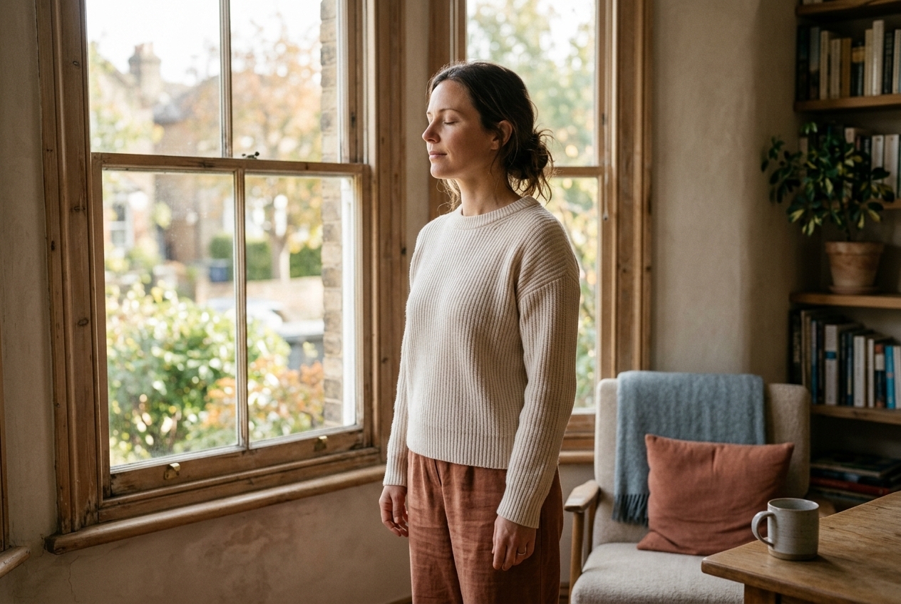 Une personne prend une pause calme près d’une fenêtre, les yeux fermés