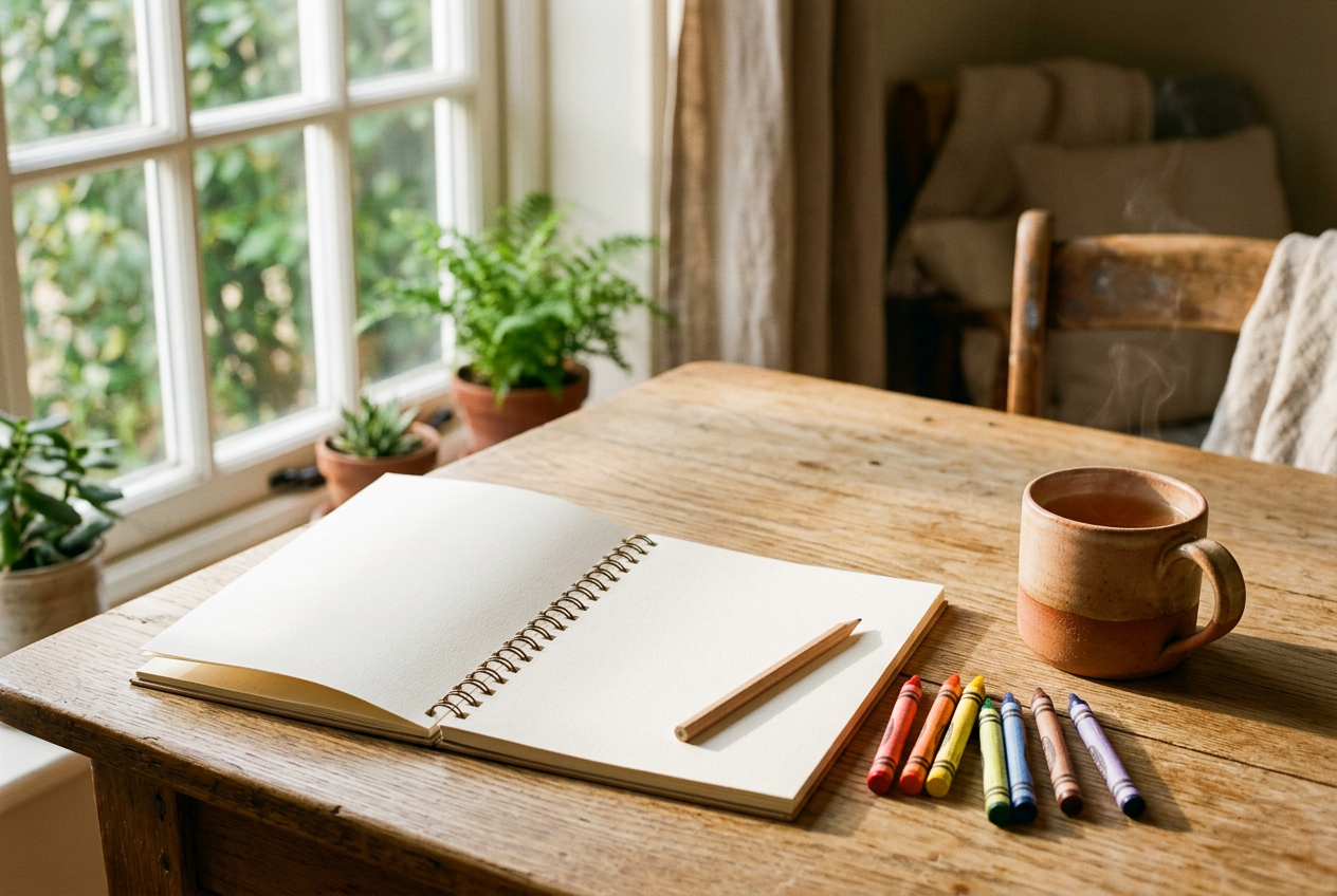 Carnet ouvert aux pages vierges, crayon et crayons de couleur posés sur une table en bois près d’une fenêtre, à côté d’une tasse de thé : de quoi noter ses observations avant le rendez-vous