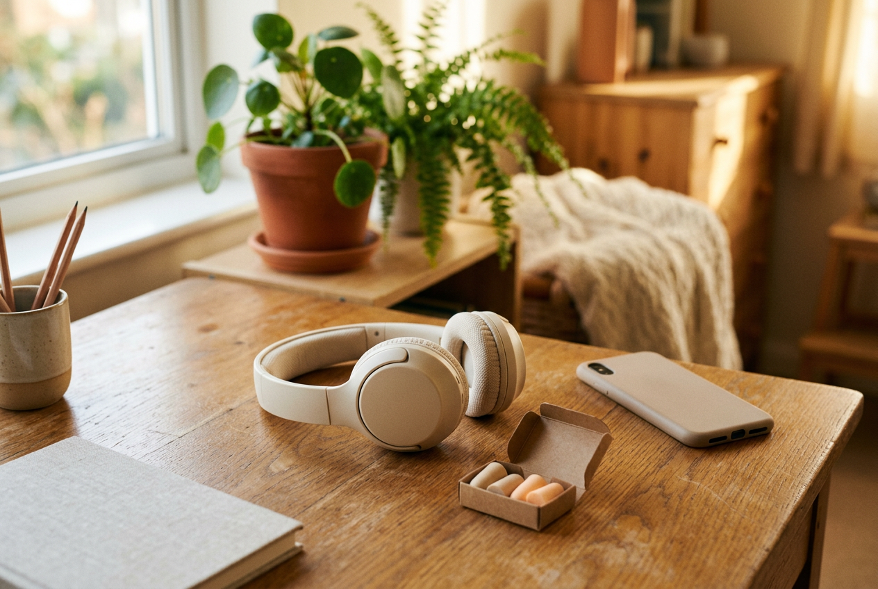 Casque audio et petite boîte de bouchons d’oreille en mousse posés sur un bureau en bois baigné de lumière, dans une chambre d’adolescent