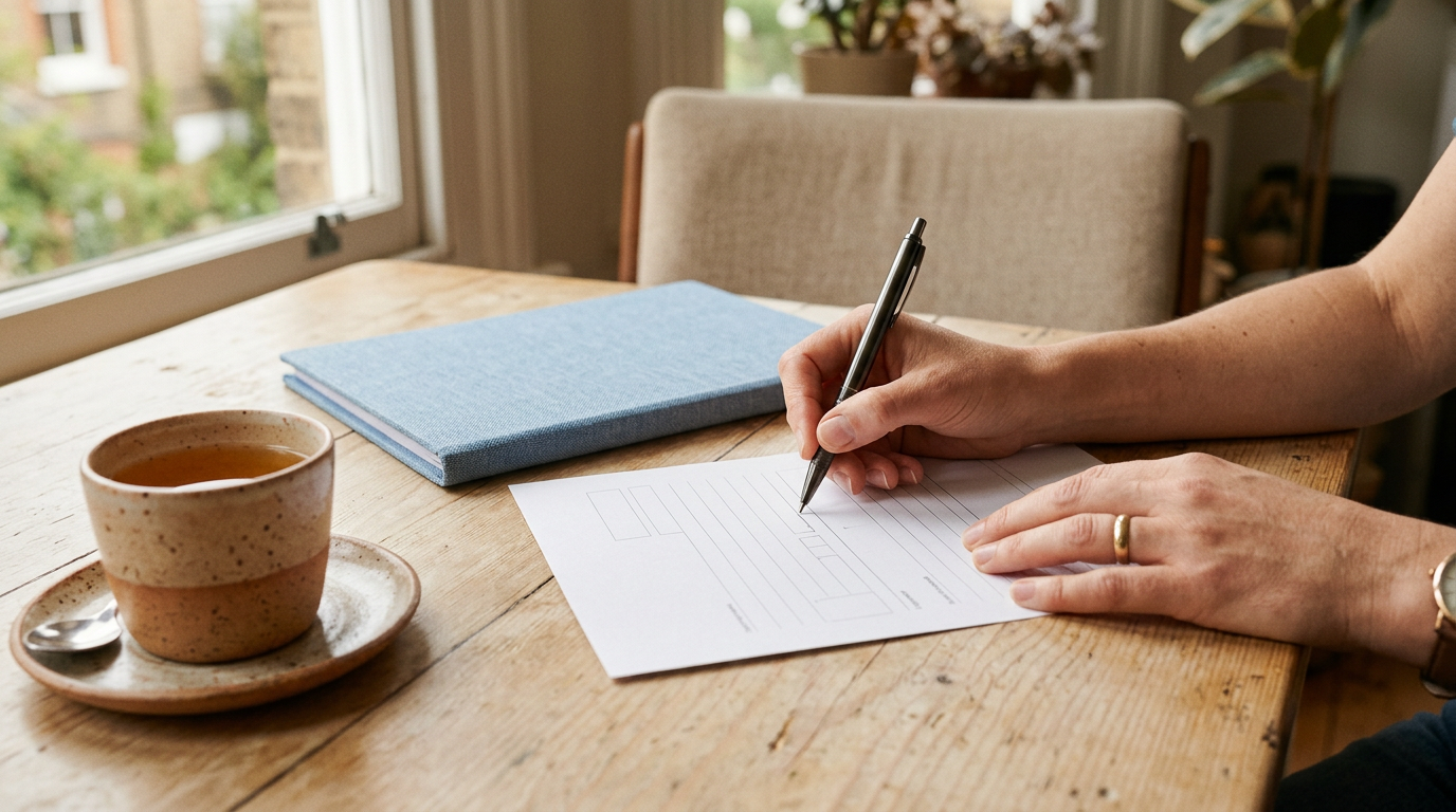 Deux mains qui remplissent un formulaire papier sur une table en bois, à côté d’une tasse de thé, lumière chaude de fenêtre