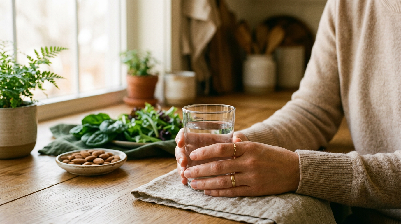 Mains tenant un verre d’eau près d’une assiette d’amandes et de légumes verts, lumière chaude, ambiance calme