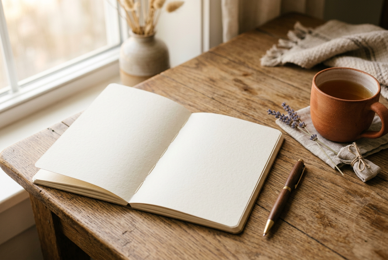 Carnet ouvert aux pages vierges et stylo posés sur une table en bois près d’une fenêtre, à côté d’une tasse de thé : de quoi noter ses crises avant un rendez-vous