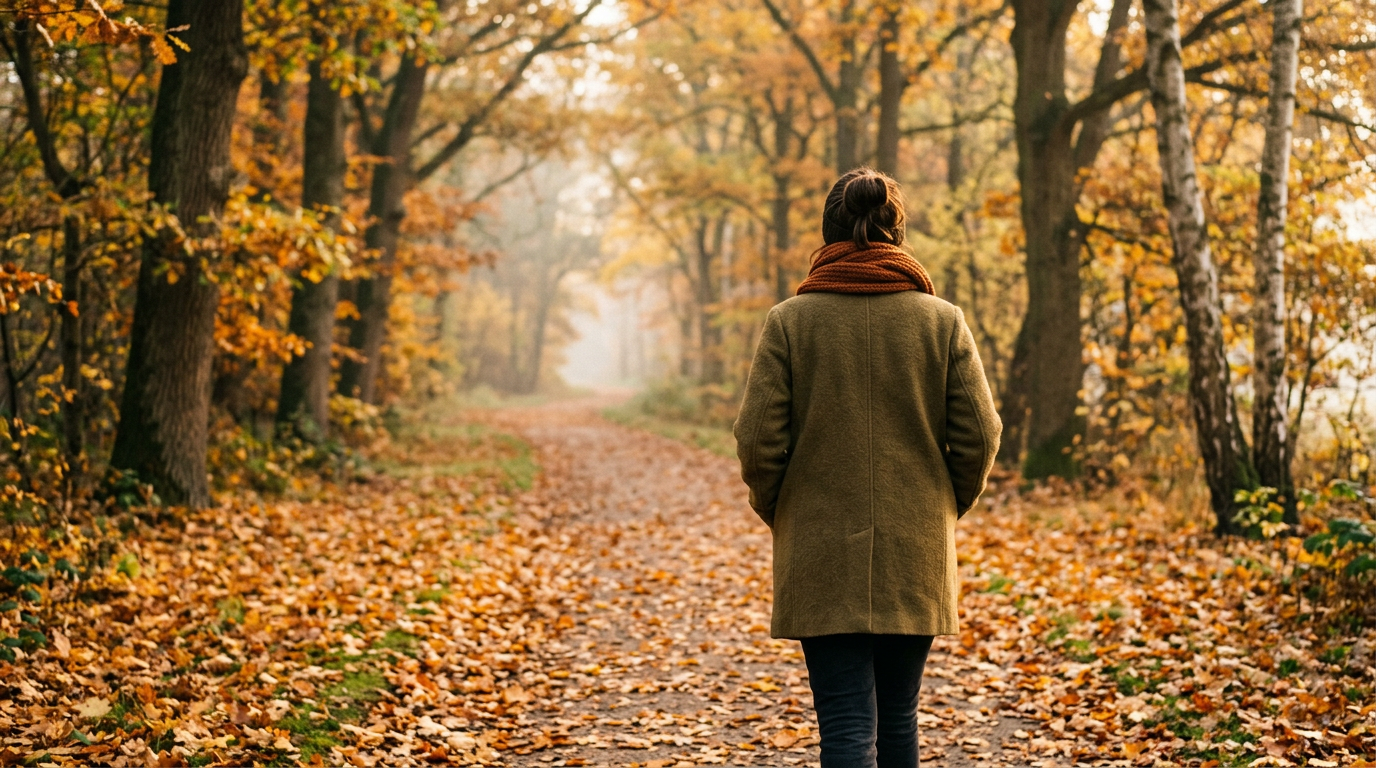 Personne de dos marchant sur un chemin forestier couvert de feuilles d’automne, dans une lumière douce : le temps d’après l’infection