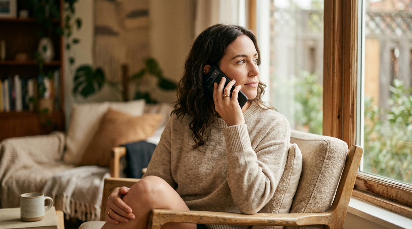 Une personne passe un appel depuis chez elle, dans une lumière chaude, pour prendre un rendez-vous ORL