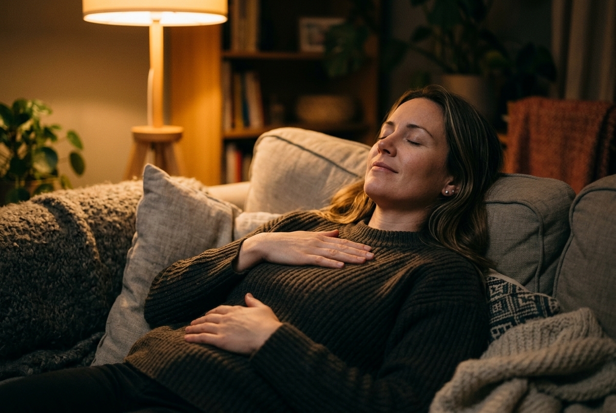 Personne allongée sur un canapé le soir, les mains posées sur la poitrine et le ventre, en respiration lente