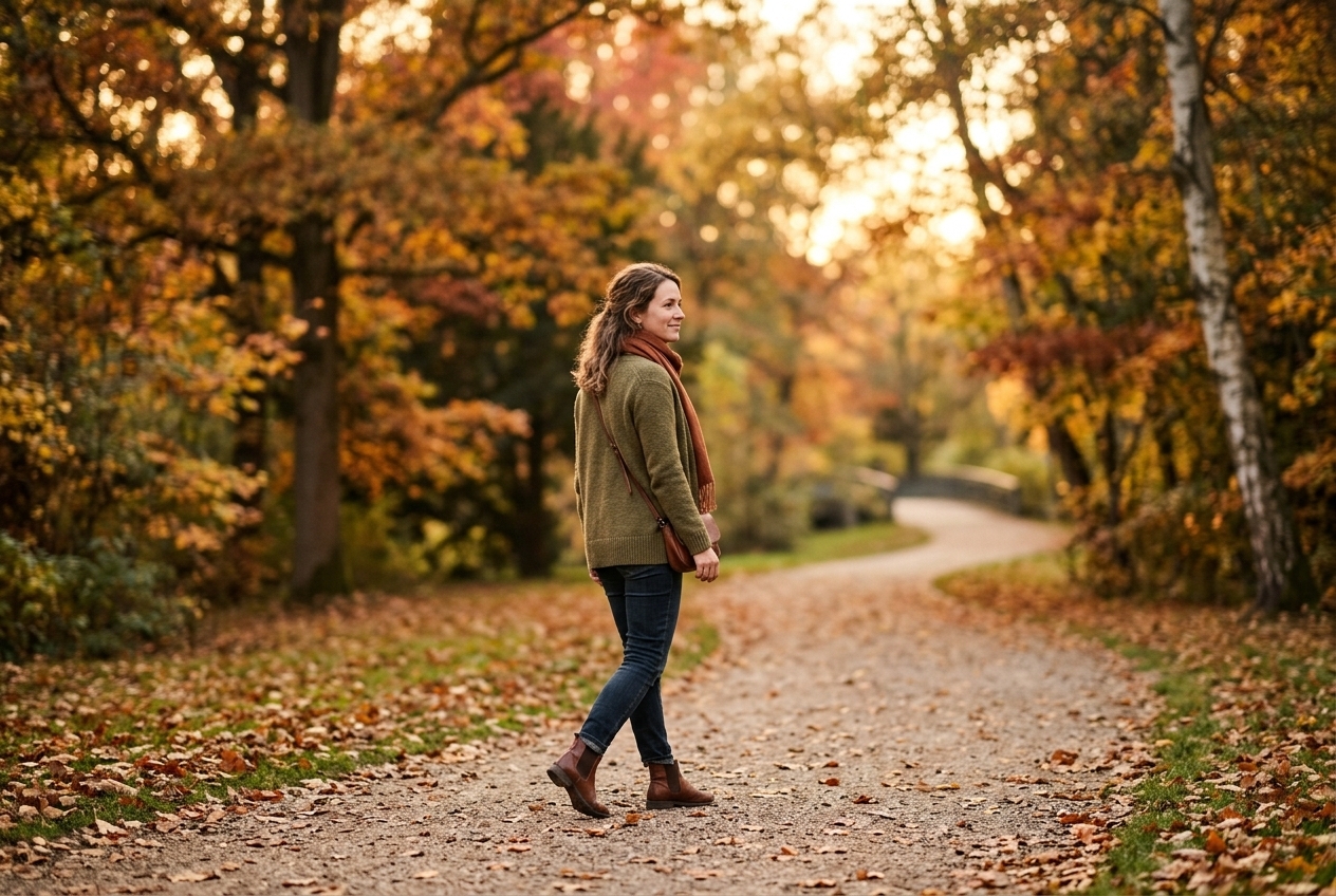 Personne marchant calmement en extérieur dans un parc aux couleurs d’automne, lumière dorée