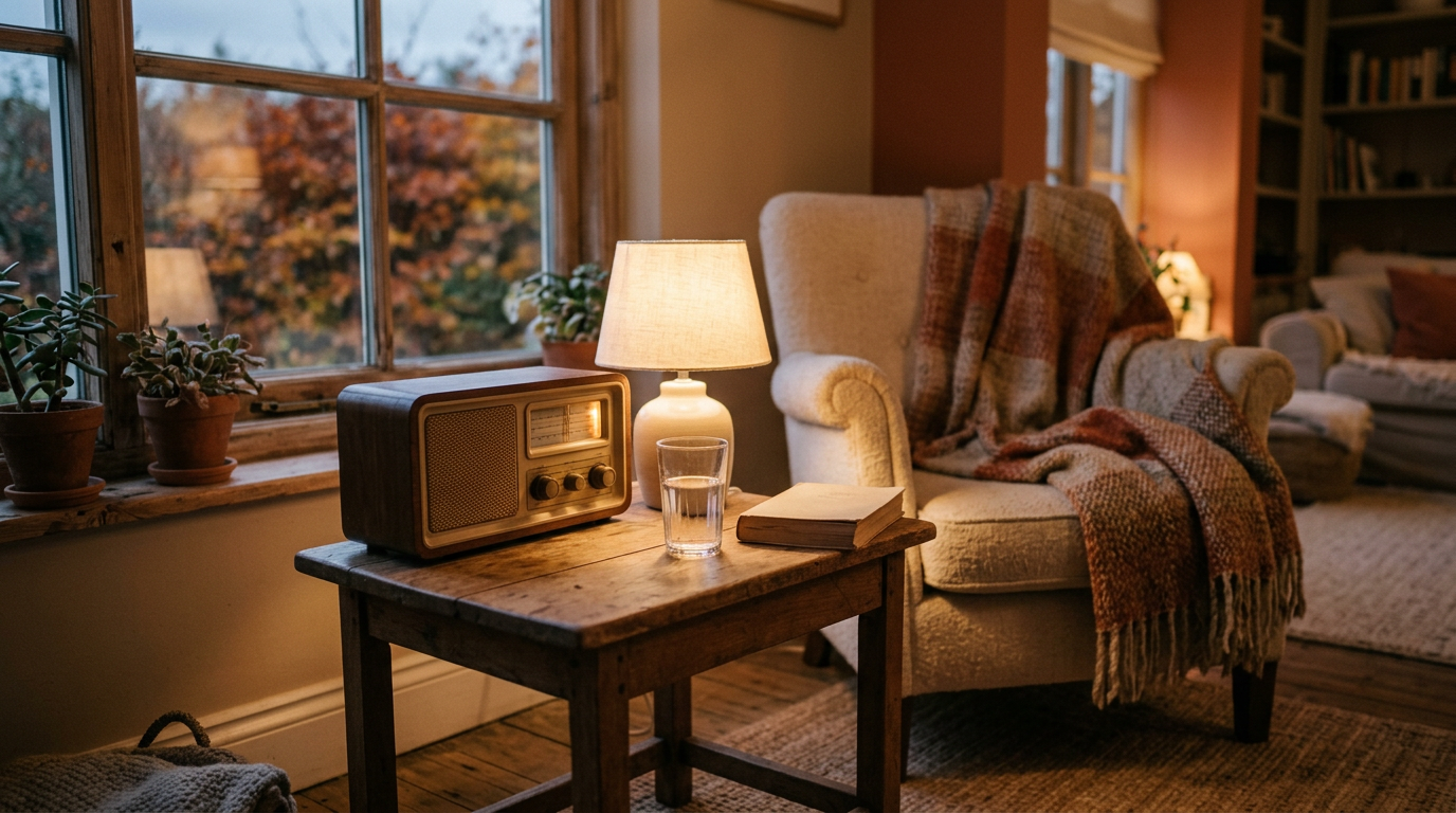Petite table en bois près d’une fenêtre d’automne, avec une radio ancienne, un verre d’eau et un livre fermé, sous la lumière d’une lampe : un soir calme