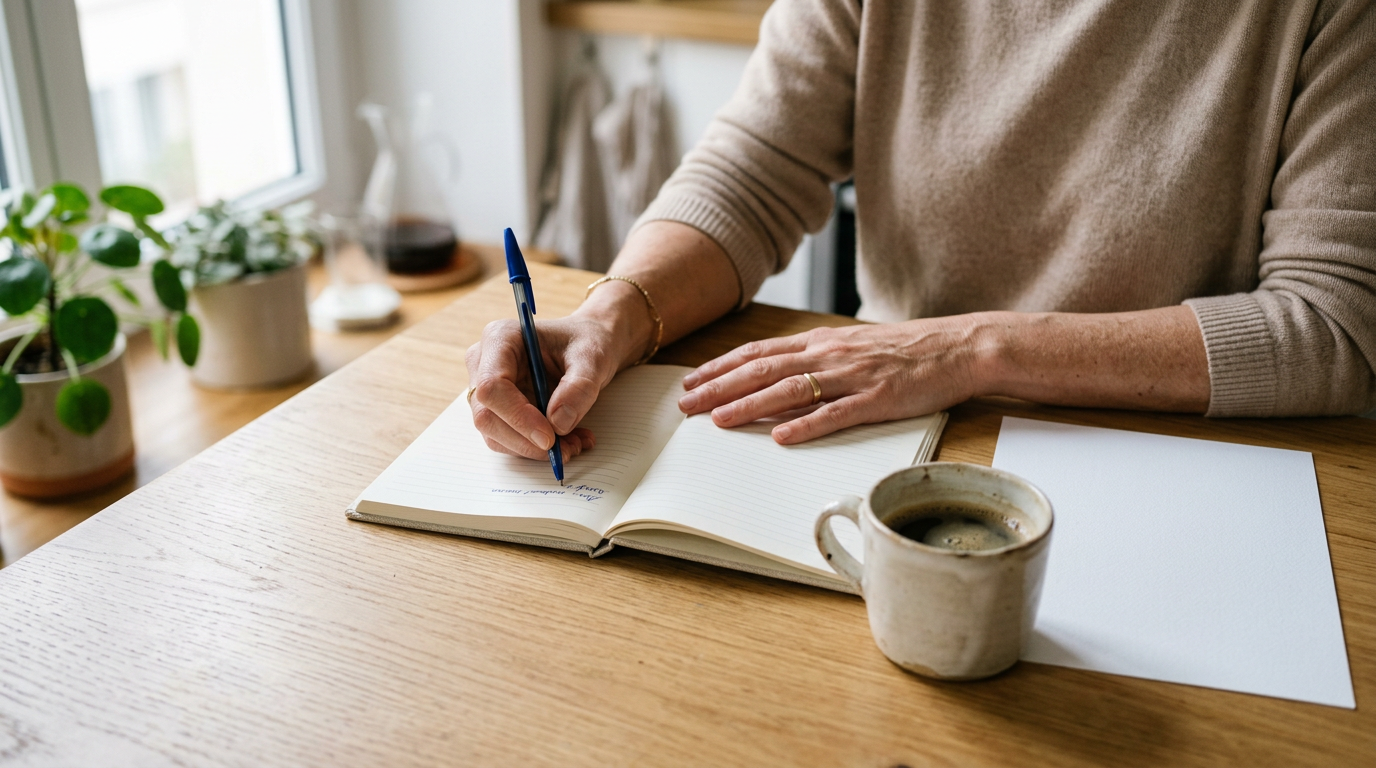 Une femme écrit dans un carnet à la table de sa cuisine, lumière naturelle du matin, ambiance calme