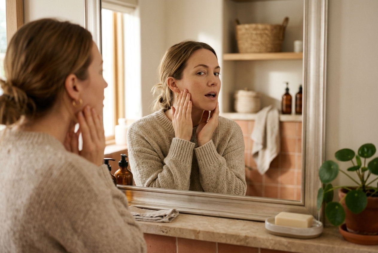 Femme face à un miroir, les doigts posés sur l’articulation de la mâchoire pour en tester la mobilité