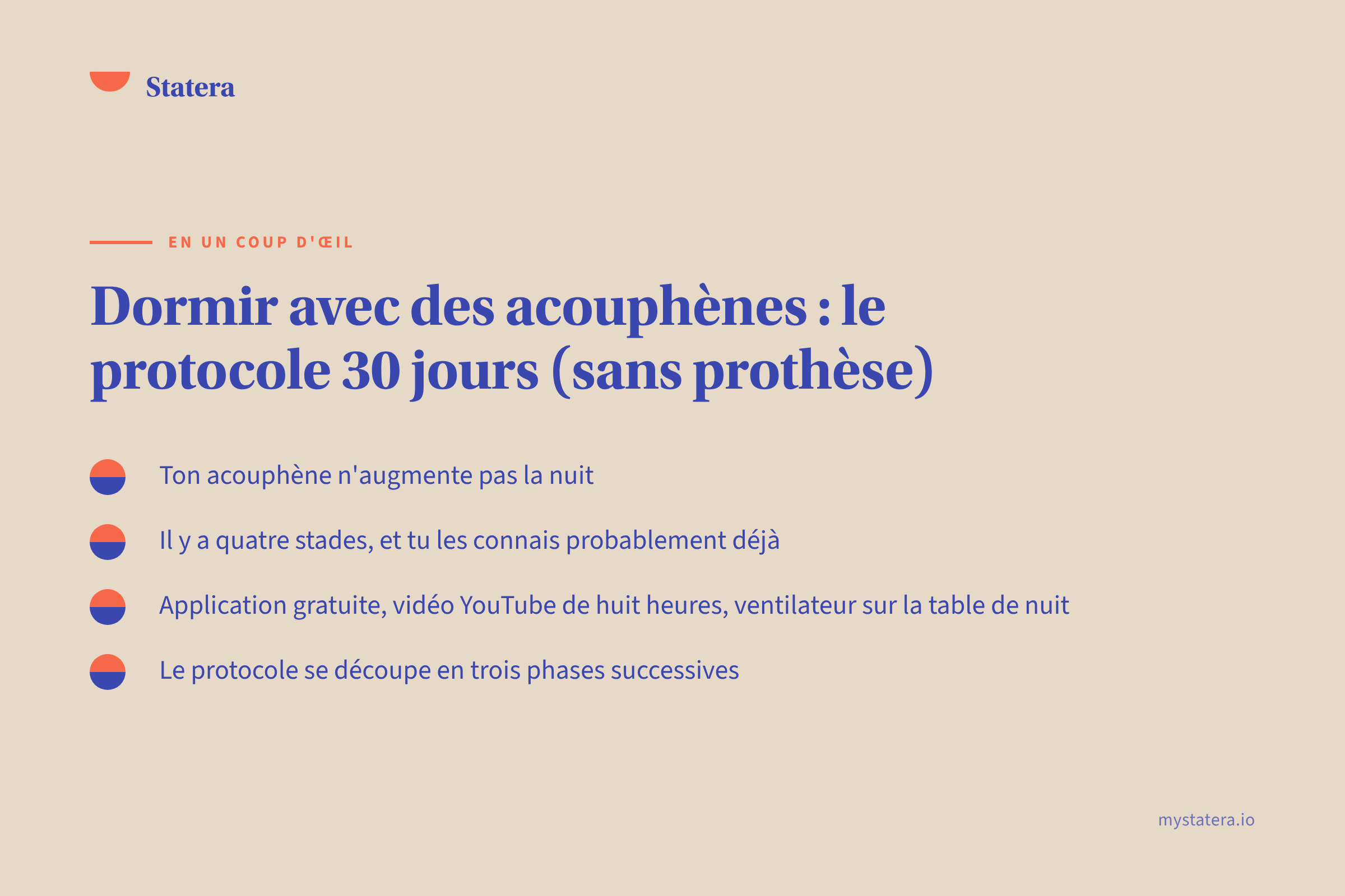 À retenir — Ton acouphène n’augmente pas la nuit · Il y a quatre stades, et tu les connais probableme… · Application gratuite, vidéo YouTube de huit heures…