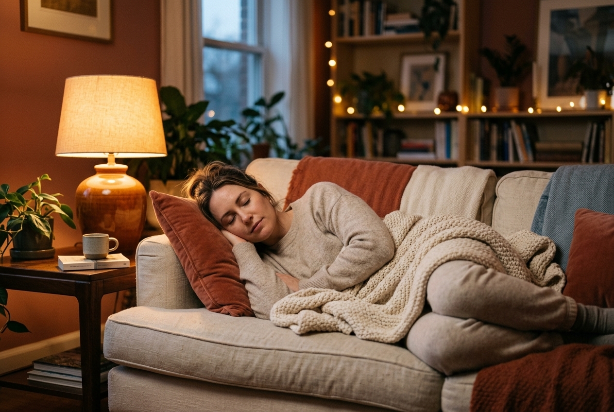 Une personne se repose paisiblement le soir dans un salon à la lumière chaude