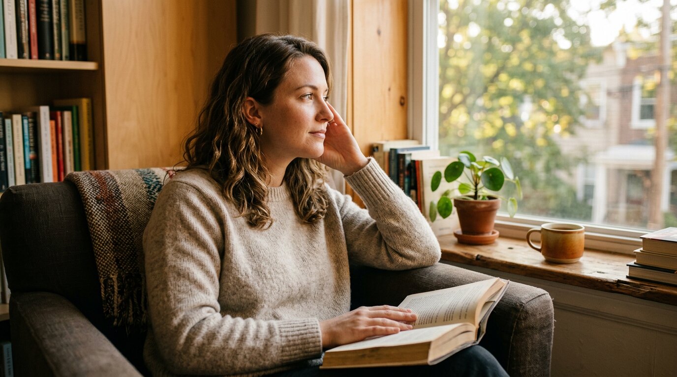 Personne pensive et sereine assise près d’une fenêtre dans une lumière chaude