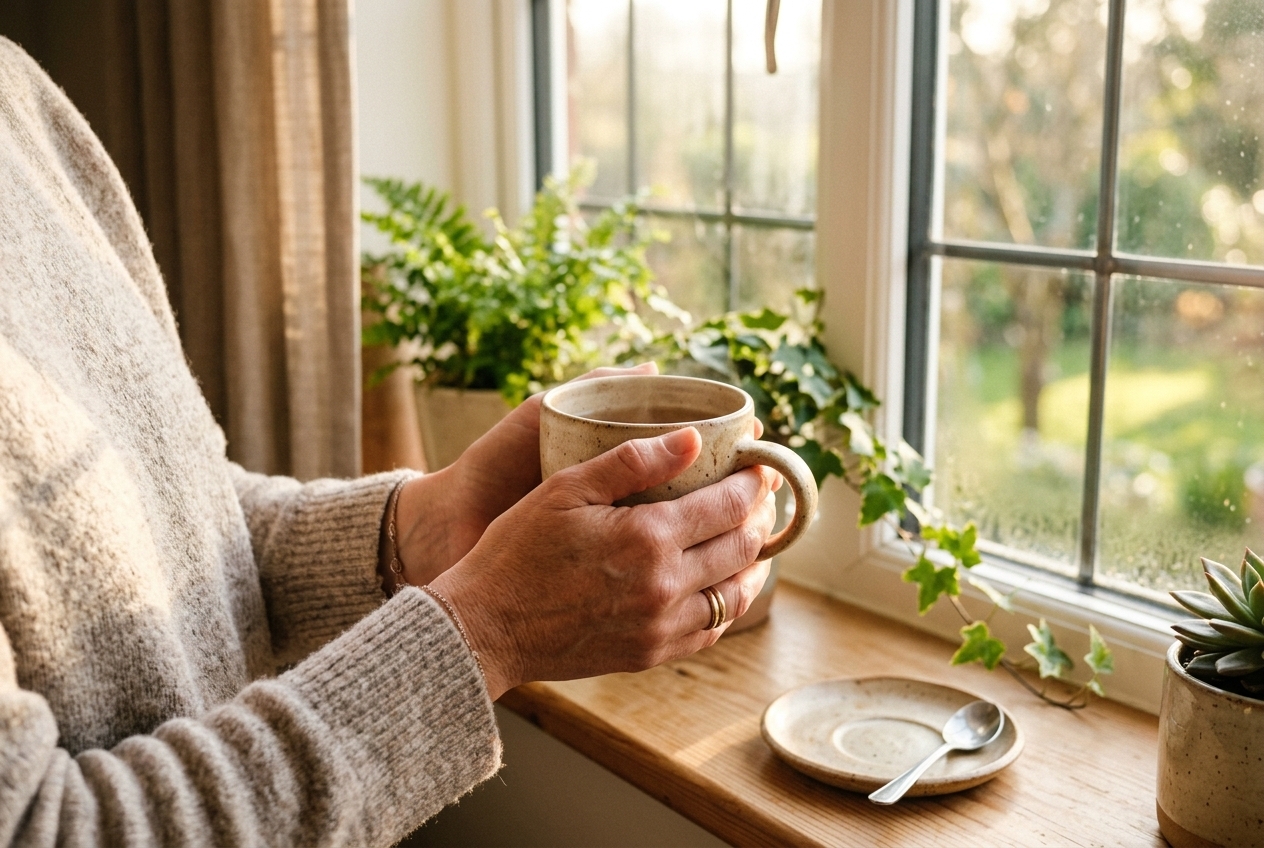 Deux mains autour d’une tasse chaude près d’une fenêtre ensoleillée, ambiance calme et apaisée